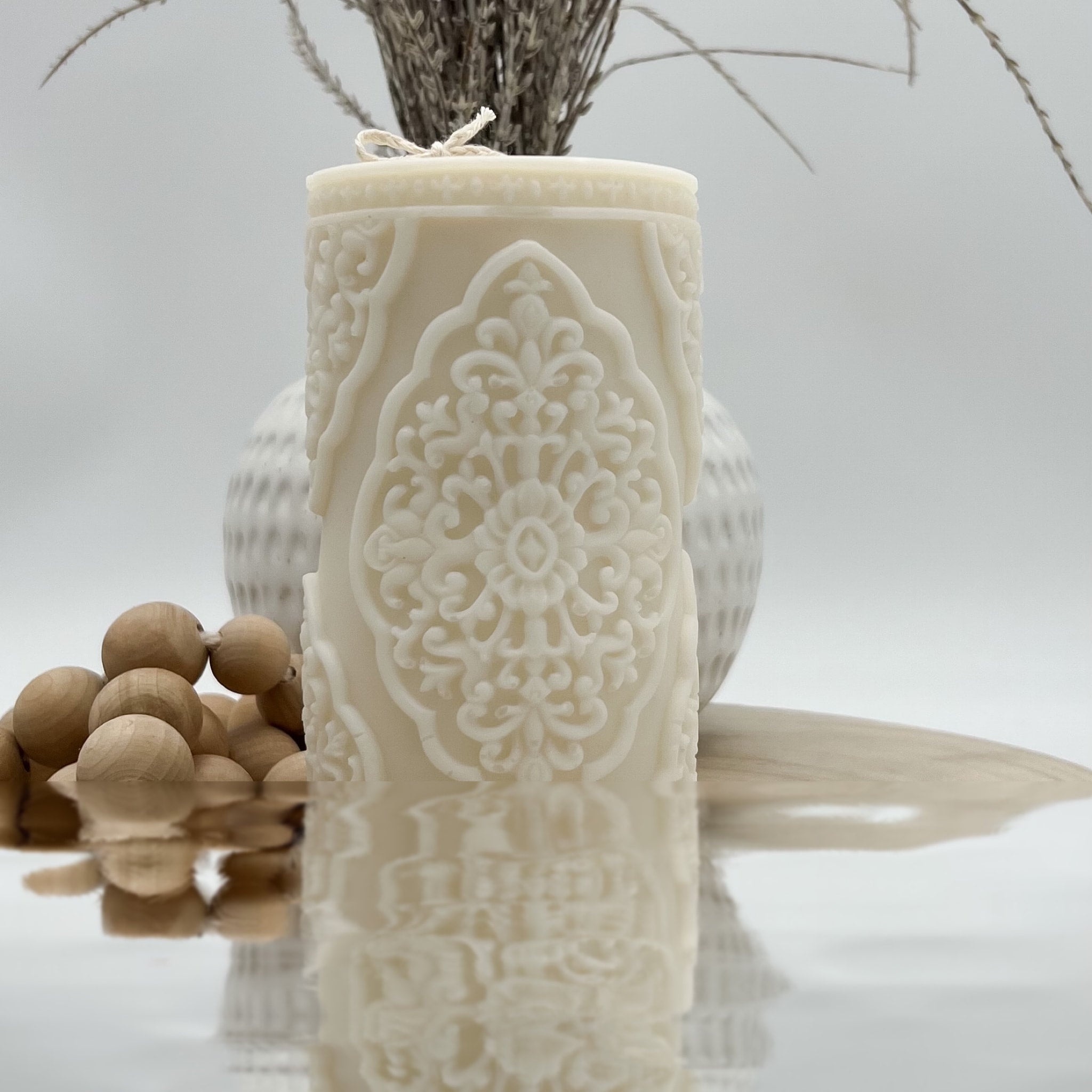 White Filigree ~ Hand Painted Pillar Candles in Cotton (Pillars - Set of 2in - 3inX4in) by Saffron Marigold